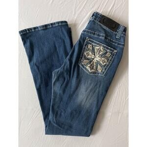 H&Y Jeans Women 7/8 Blue Bootcut Embroidered Sequin Pocket Stretch Denim Western